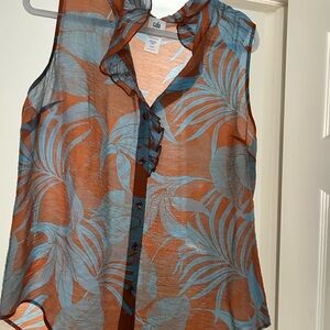 CAbi Women's Sleeveless Tropical Blouse - Rust and Teal #6525